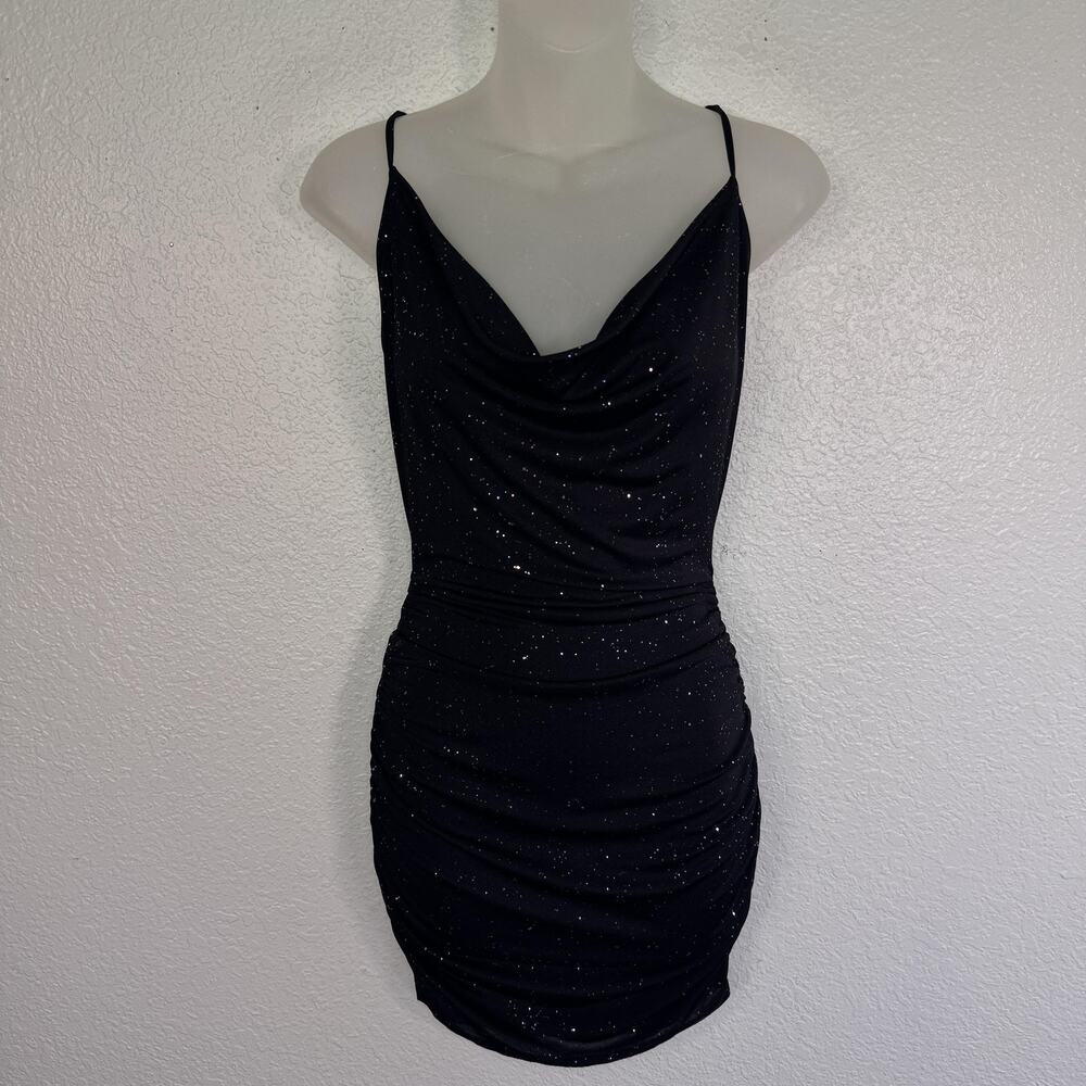 Vintage Y2K Sabora Dress Women Small Glitter Ruched Bodycon Mini Cowl Neck Party